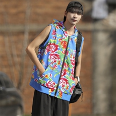 B02东北大花连帽拉链大码新中式汉服民族特色马甲背心坎肩潮男女，男装背心/马甲，星座115A(原星座507）