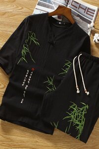 亚麻短袖套装男中国风刺绣t恤潮夏季宽松休闲棉麻二件套HS01-P45图片