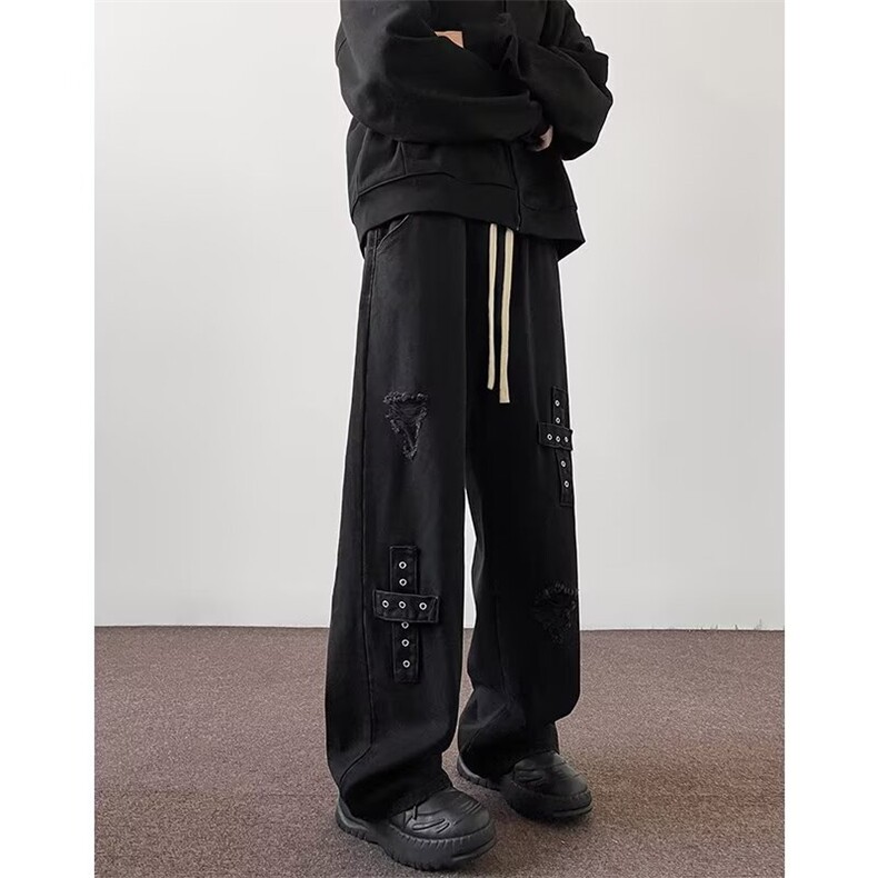 破洞牛仔裤男女美式高街设计感小众微喇宽松直筒裤K7022-P40网图，女装牛仔裤，电商B245