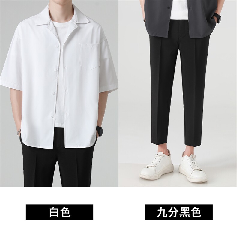 GENIOLAMODE纯色冰丝短袖衬衫男士夏季古巴领青少年简约休闲衬衣,男装休闲裤,星座505-2（原电商A260-1)