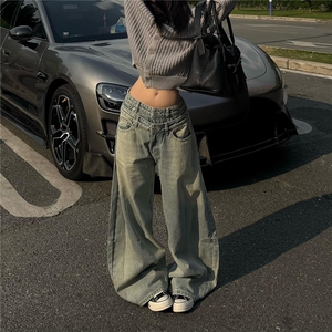 美式浅色阔腿牛仔裤女小个子秋季秋冬2025新款高腰宽松直筒拖地裤图片