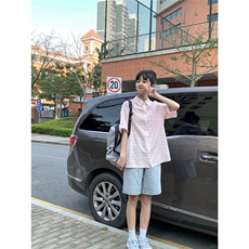 日系港风甜美粉色格子短袖衬衫男女夏季高级设计感小个子上衣外套，男装T恤，星座506A