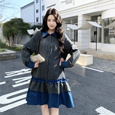 【新款】学院风荷味边宽松撞色连衣裙2C327-6602-P150控228，女装连衣裙，2C327