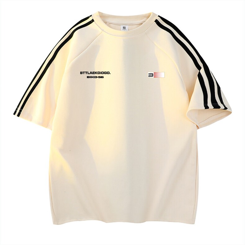 抖音得物高品质二开240克宽松纯棉美式潮牌三条杠织带短袖T恤,男装T恤,电商A486-1