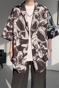 8XL-M 冰丝凉感衬衣垂感透气复古花纹宽松男五分袖短袖衬衫CS526图片