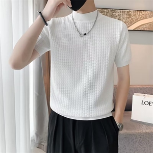 男士韩版打底毛衣半袖修身黑白纯色短袖针织衫半高领P3302-P45图片