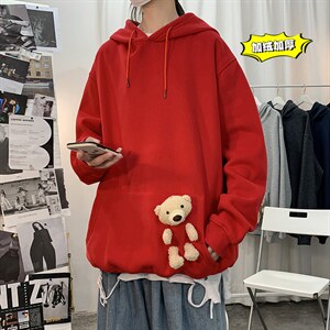 2021冬季新海报港风大码男女加绒加厚送小熊网红连帽卫衣W5205P55图片