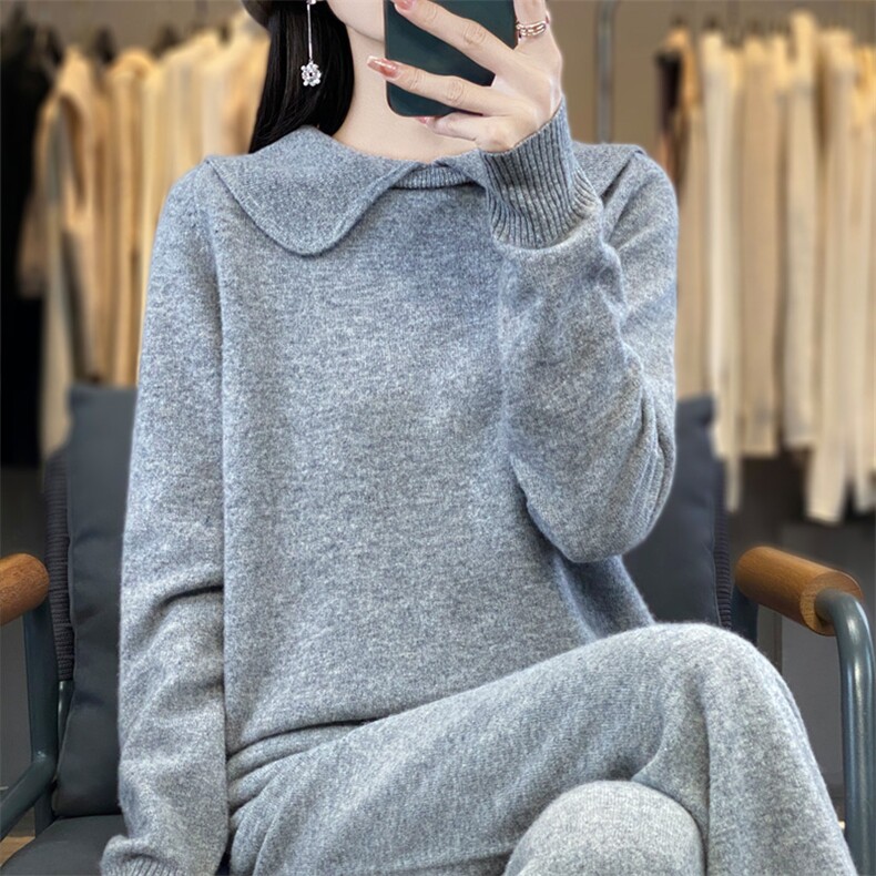 时尚显瘦大翻领针织套装女秋冬季新款气质百搭宽松两件套毛衣裤,女装套装/套裙,宛庄羊绒