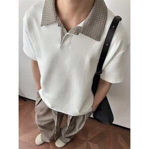 千鸟格拼接polo衫短袖男夏季老钱风复古正肩T恤重磅半袖TXT65，男装T恤，星座516A