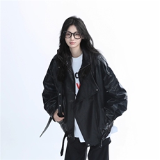 美式复古重磅黑色PU皮衣外套女设计感宽松机车服夹克~PY1211，男装皮衣，星座601-1
