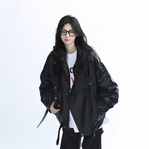 美式复古重磅黑色PU皮衣外套女设计感宽松机车服夹克~PY1211图片