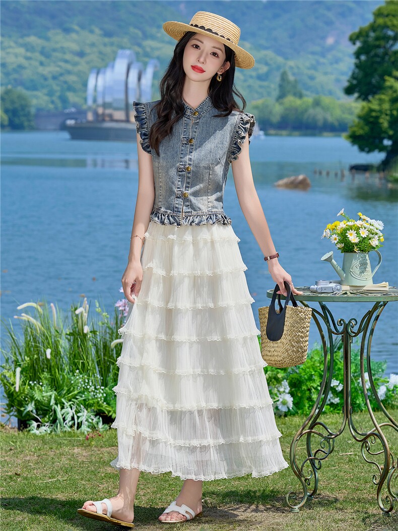 （新款现货）2026夏装时尚薄牛仔小飞袖上衣+蛋糕超仙纱裙两件套,女装套装/套裙,印象茜