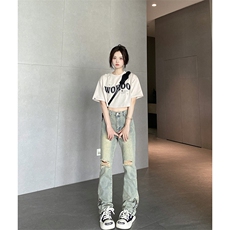 B221美式ins高街暗黑小众拉链破洞牛仔裤LK23076-P65控88，男装牛仔裤，电商B221