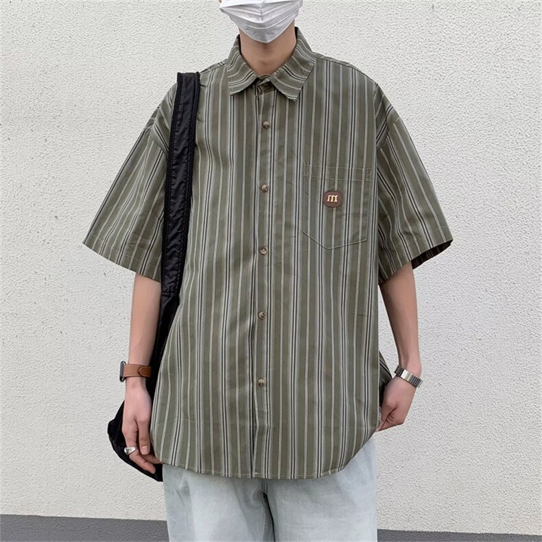 夏季复古条纹衬衫男短袖ins潮牌港风休闲潮流五分袖上衣EA03-P30,男装衬衫,星座1008