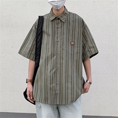 夏季复古条纹衬衫男短袖ins潮牌港风休闲潮流五分袖上衣EA03-P30，男装衬衫，星座1008