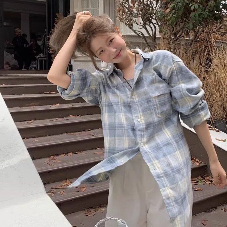 韩系慵懒风格子衬衫女大码中长款休闲外套上衣设计感长袖空调衫夏,男装衬衫,星座506A