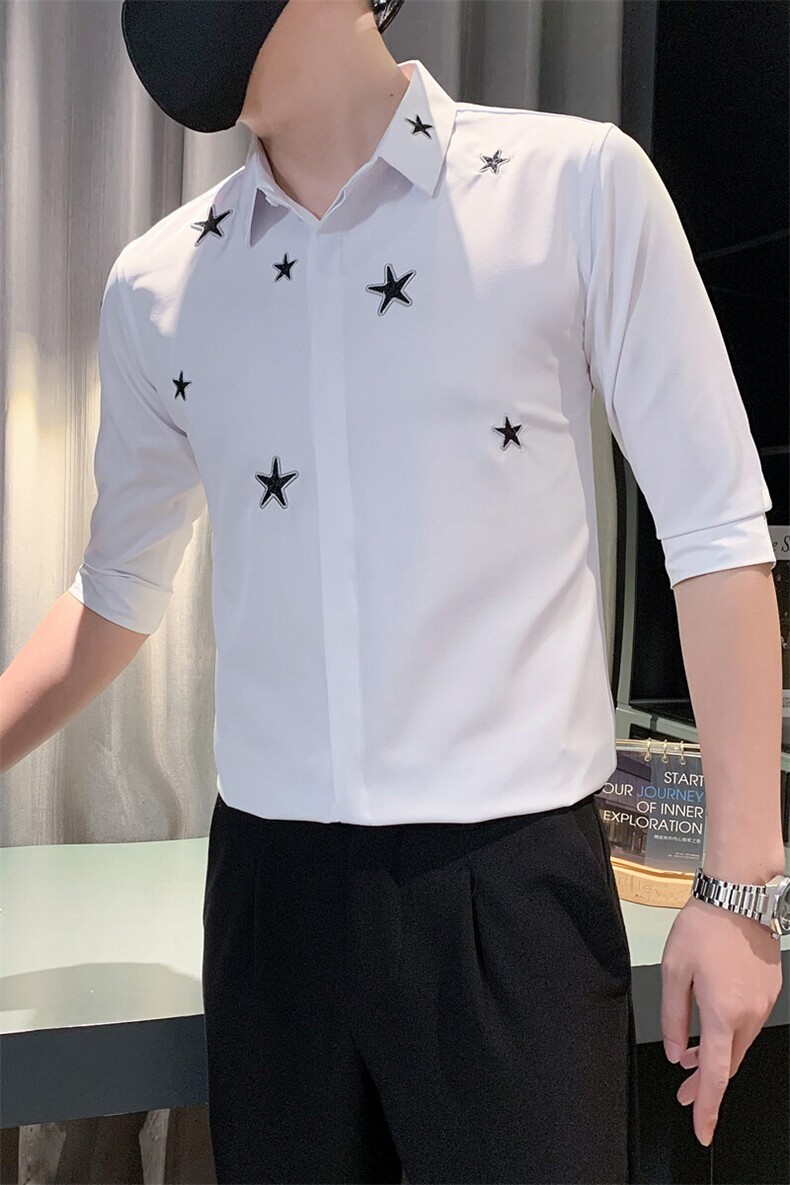 B2166506P502025夏装新潮男五角星刺绣中袖衬衫社会小伙风,男装衬衫,电商B216（原B302）