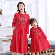 2021民族风春夏新款宽松文艺绣花连衣裙中长款唐装裙子，童装亲子装，安之芮娜