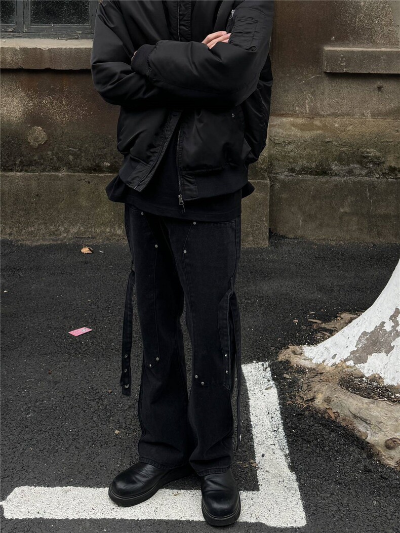 美式hiphop裤子高街vibe交叉绑带牛仔裤修身直筒微喇叭裤,男装牛仔裤,星座310A-4