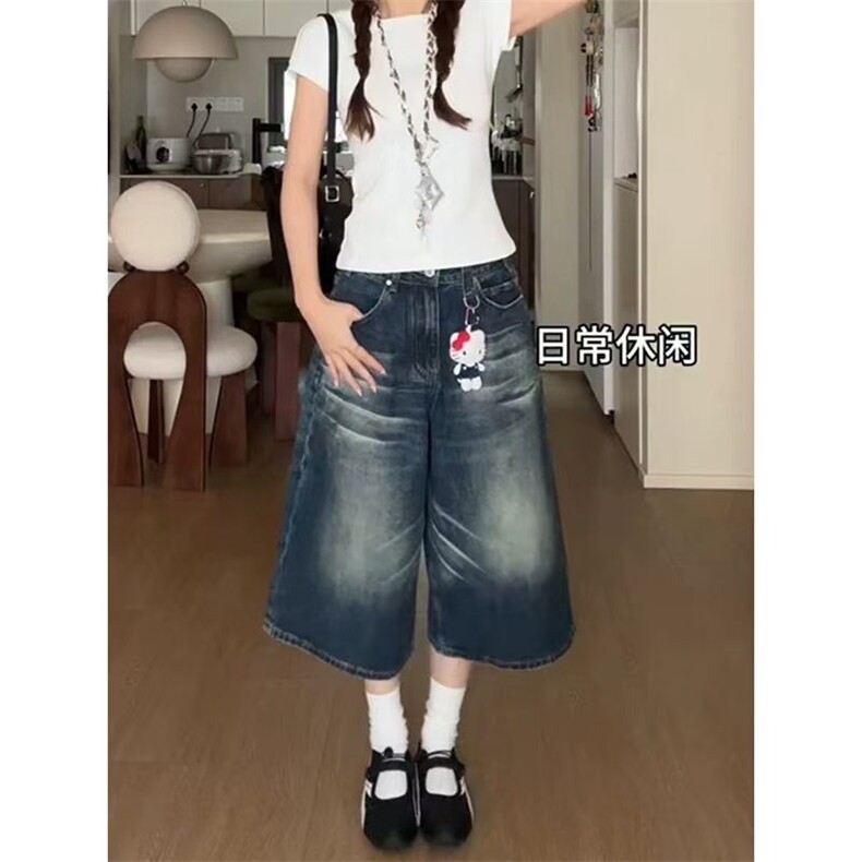 美式水洗做旧牛仔七分短裤女夏季新款高街阔腿显瘦宽松直筒中裤子,男装牛仔裤,星座1210-1