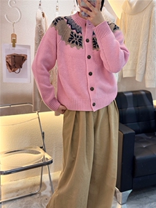 羊绒衫开衫女圆领提花费尔岛外套毛衣宽松上衣图片
