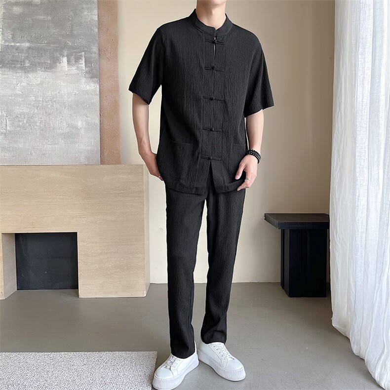 夏季新品泡泡条褶皱盘扣休闲运动套装风短袖T恤两件套TZ312,男装T恤,星座305A（原312A-1）