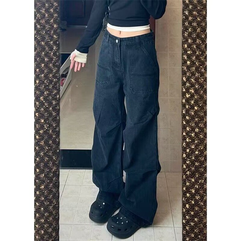 美式潮牌复古水洗做旧工装牛仔裤男夏季百搭褶皱直筒高街休闲裤子，女装牛仔裤，星座205-3