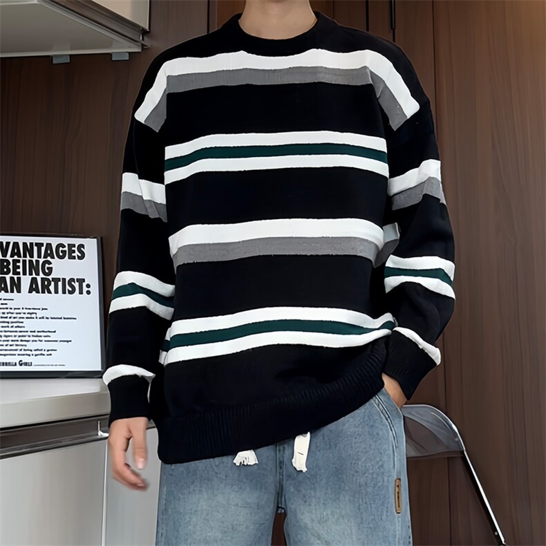 M9106/P60秋冬新款圆领毛衣男百搭简约潮宽松条纹打底针织衫，男装T恤，电商A141