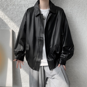 F677P65春秋男生休闲夹克PU机车时尚宽松日系夹克复古图片