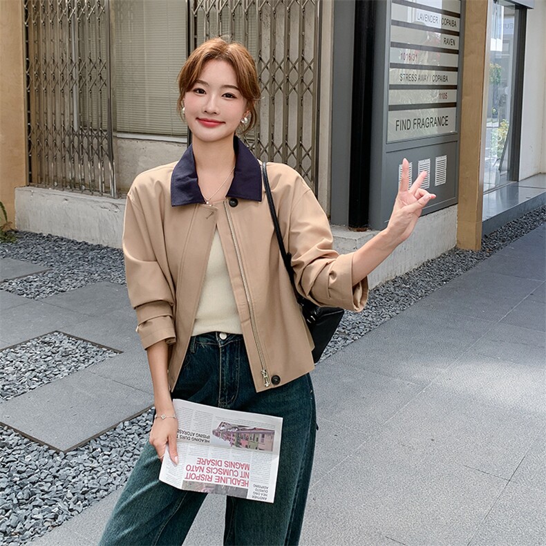 秋装新款   撞色翻领短款风衣外套-2d075-p155-k210图片