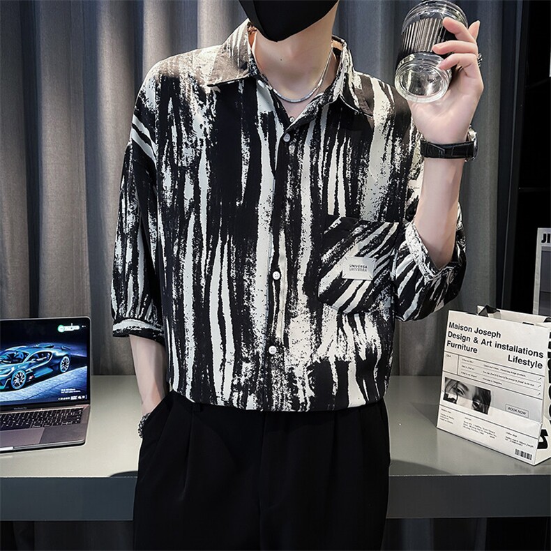 社会小伙2025春季新品衬衫男士七分袖水墨扎染衬衫潮901-C20P58,男装衬衫,星座901