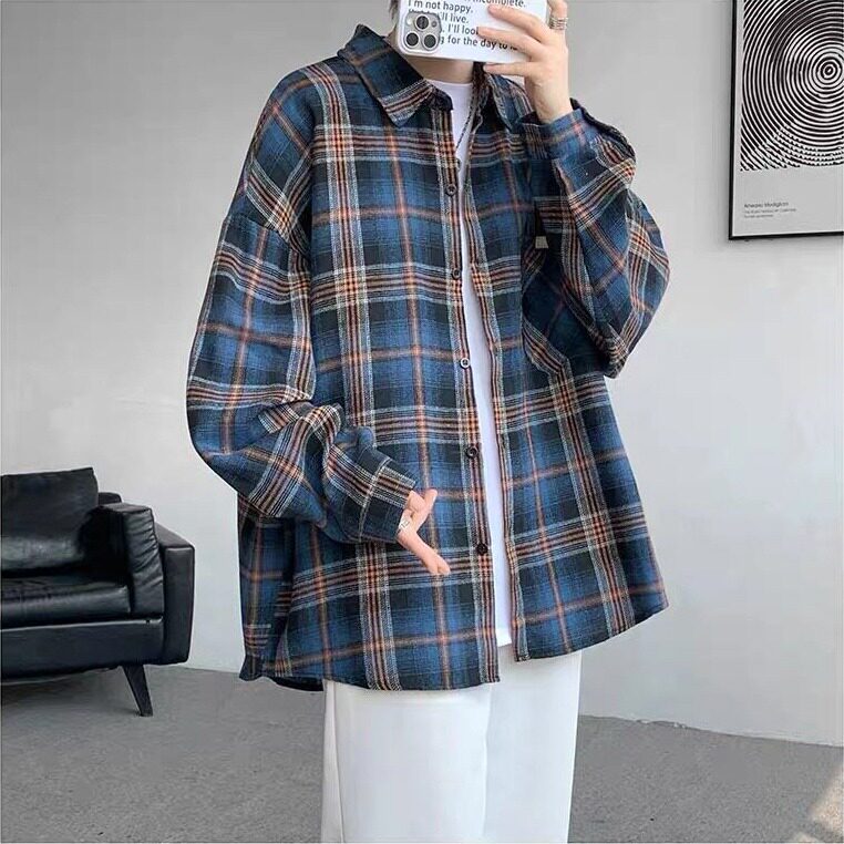 蓝色格子衬衫男女高级感痞帅春秋外套小众情侣长袖衬衣LL333P38,男装衬衫,星座1013-5