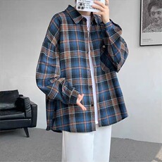 蓝色格子衬衫男女高级感痞帅春秋外套小众情侣长袖衬衣LL333P38，男装衬衫，星座1013-5