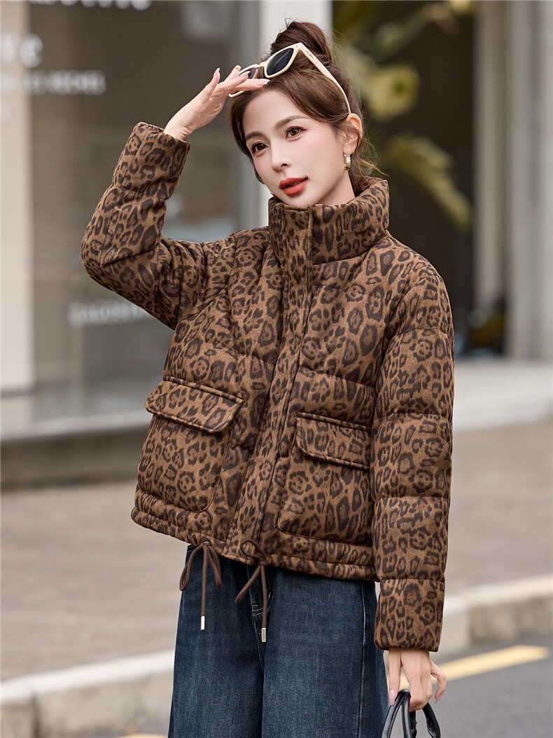 豹纹羽绒服女2025秋冬新款短款小个子韩版显瘦超好看立领加厚外套,女装羽绒服,拾衣
