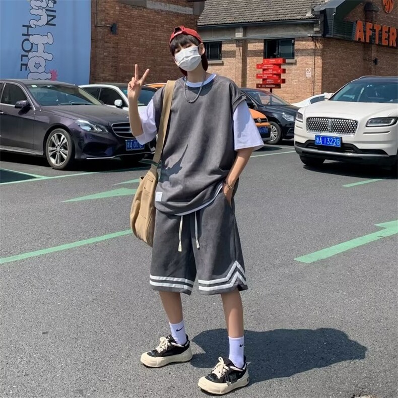 潮流新款夏季五分裤简约日系休闲套装男无袖ins背心慵懒W4831-P56,男装休闲套装,星座412-2