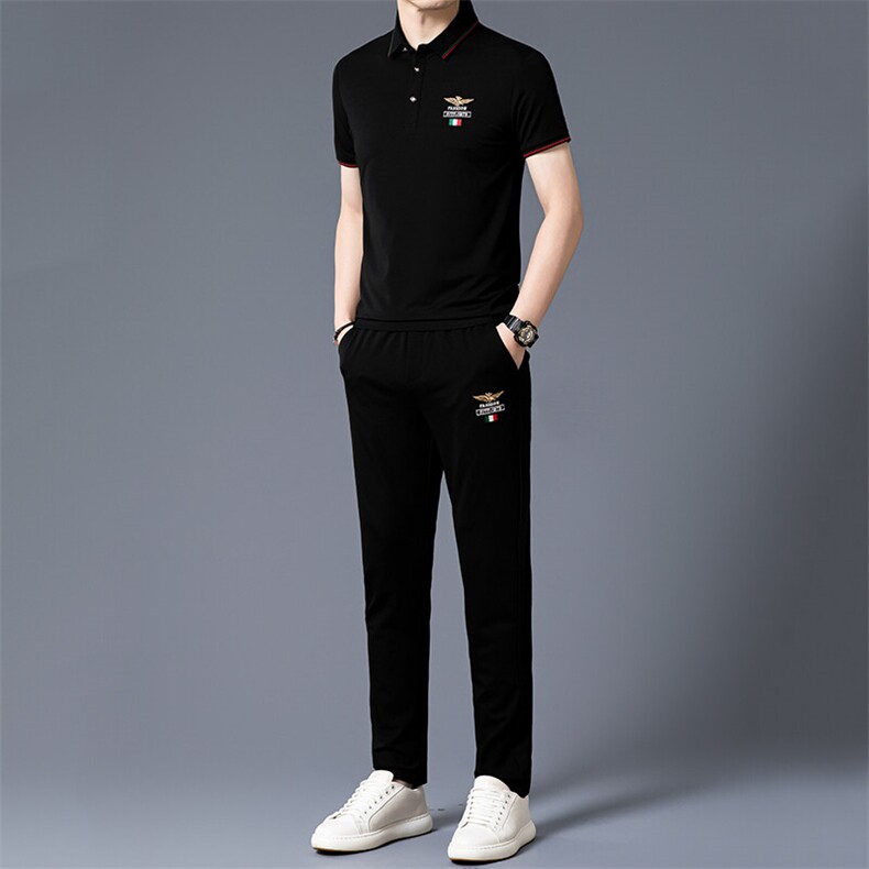 HP5089夏季新款男士休闲套装刺绣男装百搭二件套翻领图片