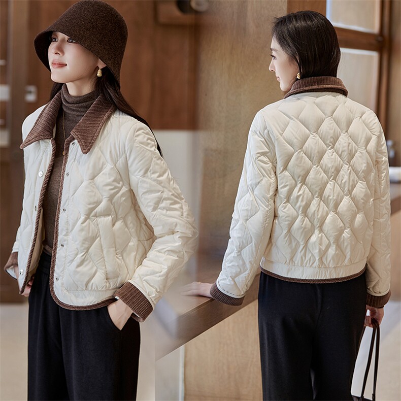 撞色翻领轻薄菱格短款羽绒服女2025冬季新款气质小香风白鸭绒外套，女装羽绒服，蝶眷