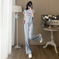 女夏季欧货潮流时尚运动休闲套装短袖蕾丝花边上衣阔腿长裤两件套，女装套装/套裙，2C310