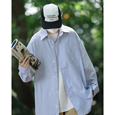 盐系衬衫雾霾蓝轻熟风男装搭配春秋穿搭ins超火服条纹衬衣-C3005，男装衬衫，星座601-2