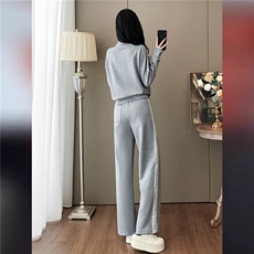 盐系高级感时尚气质套装女初秋新款立领拼接长袖上衣阔腿裤两件套，女装套装/套裙，江南