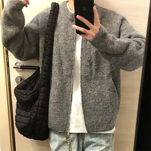 秋冬时尚灰色开衫男士cleanfit美式复古针织衫慵懒风高级感毛衣男图片