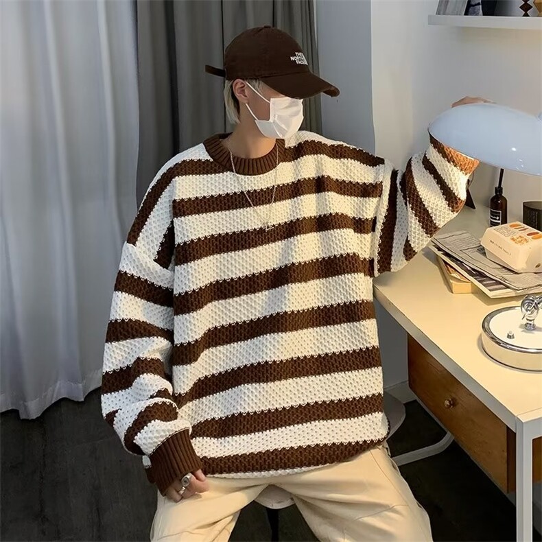 日系条纹圆领毛衣男秋冬季慵懒圆领针织衫宽松毛线衣M7128-P50,男装针织衫/毛衣,星座1109-3