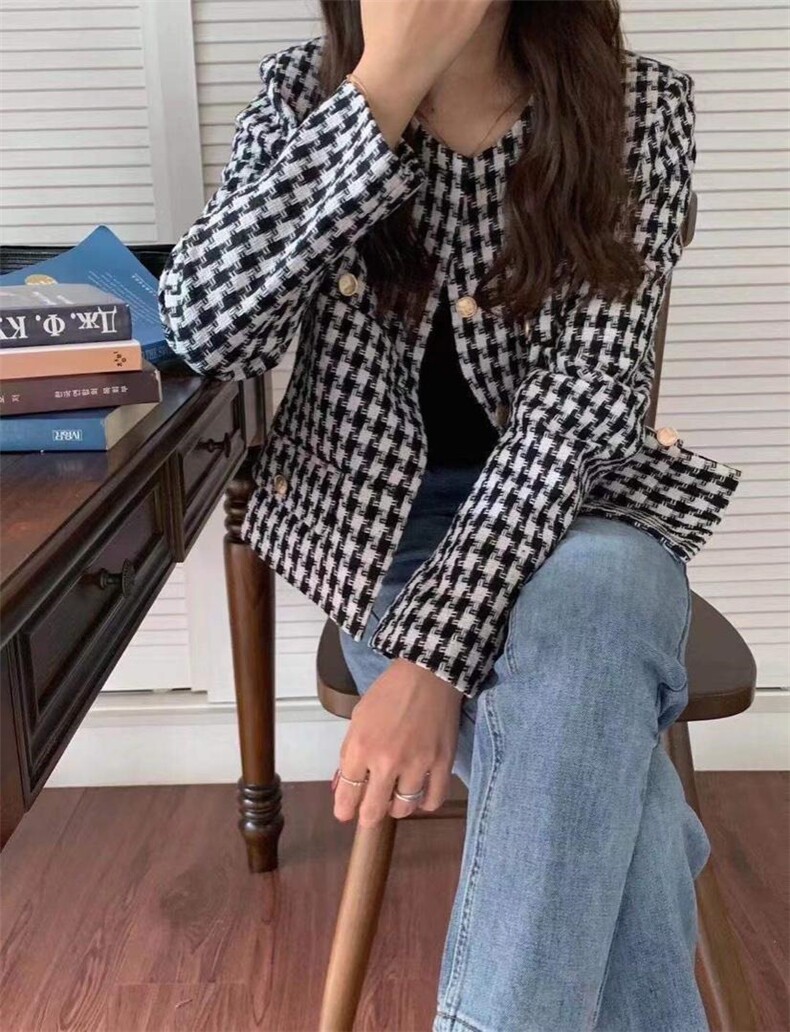 2021秋季新款气质显百搭高极感千鸟格小香风短外套,女装短外套,L·H·X