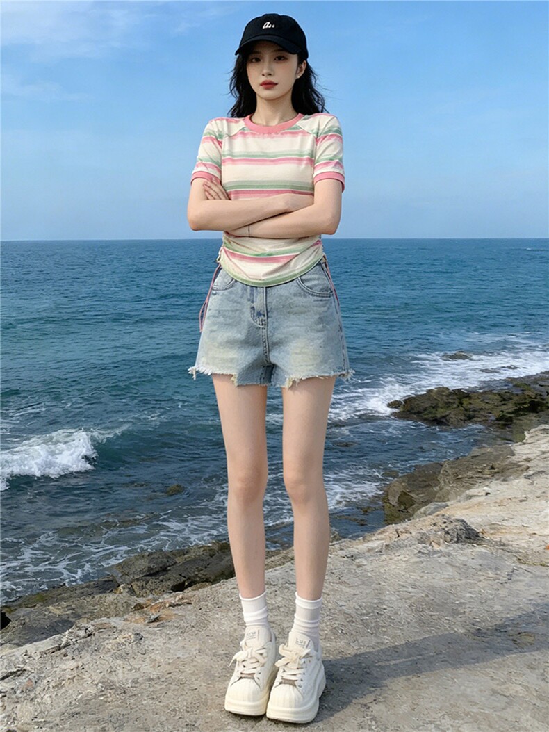 女夏季新款韩版运动休闲套装修身显瘦圆领条纹短袖牛仔短裤两件套,女装套装/套裙,江南