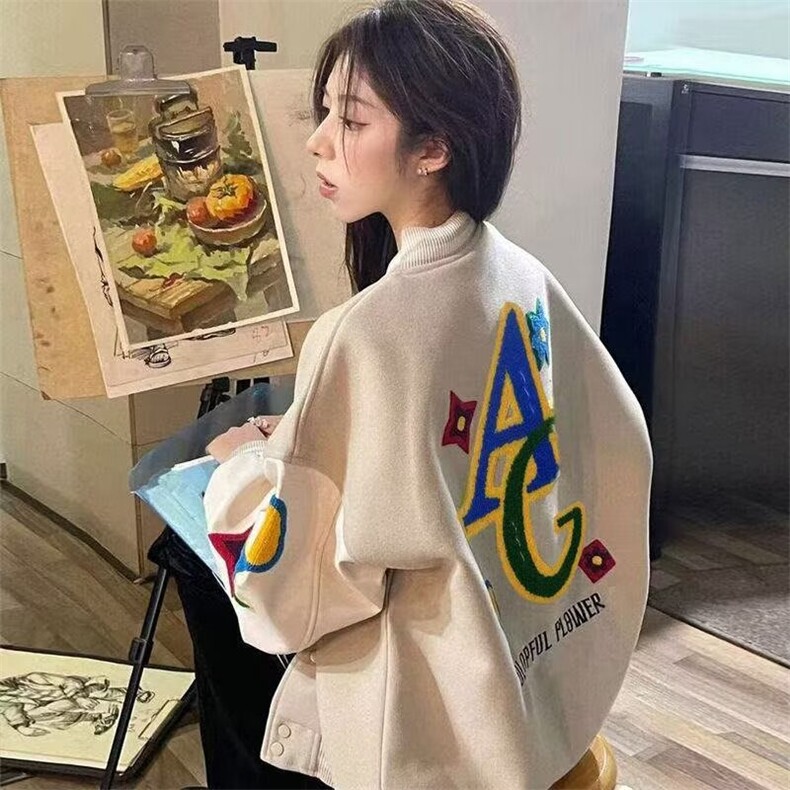 1506-1/JA221/P77美式碎花毛巾绣植绒夹克杏色单排扣棒球服男女,男装夹克,星座1506-1