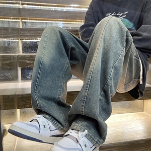 牛仔裤男复古潮牌做旧美式高街阔腿休闲长裤 K760特批-40图片