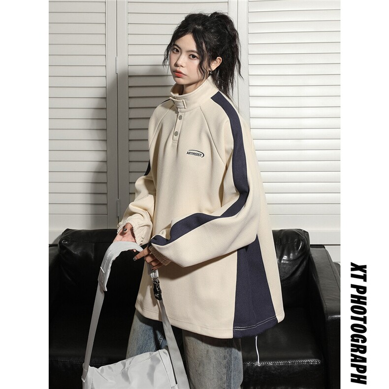 中性！2025秋季设计感美式街头卫衣刺绣立领外套情侣装女7870-P58，女装短外套，电商C213(原B265)