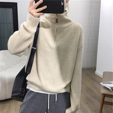 欧货半开拉链高翻领纯羊绒衫女加厚套头针织毛衣秋冬羊毛宽松上衣，女装羊毛衫，隆格羊绒