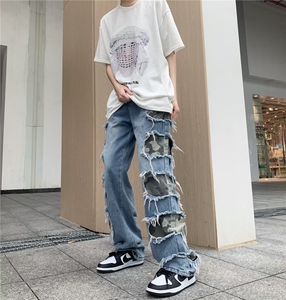 美式复古设计宽松大破坏街头牛仔裤男女百搭休闲潮流BK55-P70