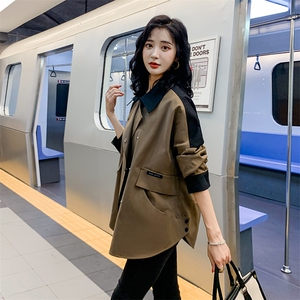 【现货】撞色中长款风衣女春秋韩版宽松流行小个子工装外套图片
